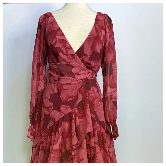 NWT Anthropologie Hutch Kya Long-Sleeve V-Neck Printed Tiered Wrap Maxi Dress XS - Picture 7 of 17